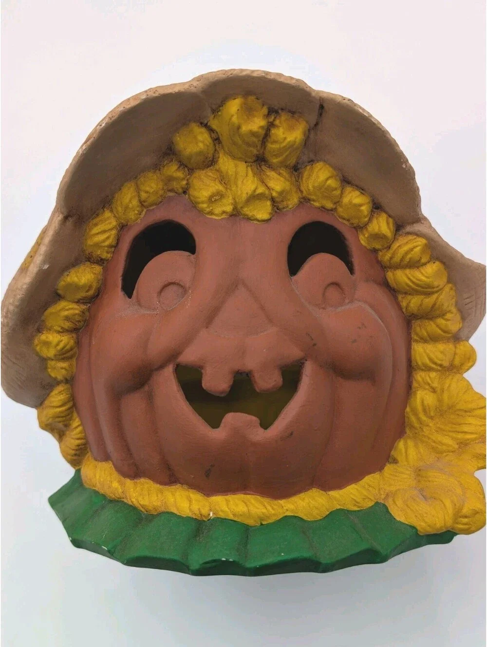 Vintage Halloween Scarecrow Pumpkin Jack O Lantern Resin Tealight Candle Holder